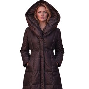 Elie Tahari Thigh Length Down Filled Brown Puffer Coat Oversized Hood - Sz S